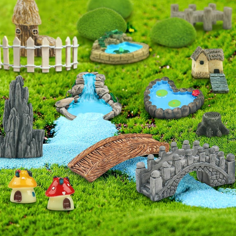 QUOZUO 21 Pcs Fairy Garden Miniatures Accessories Bridge House Landscape Water Well Fence Figurines Pond Mushroom Lawn Garden Ornament for DIY Craft Succulent Decor - Image 4